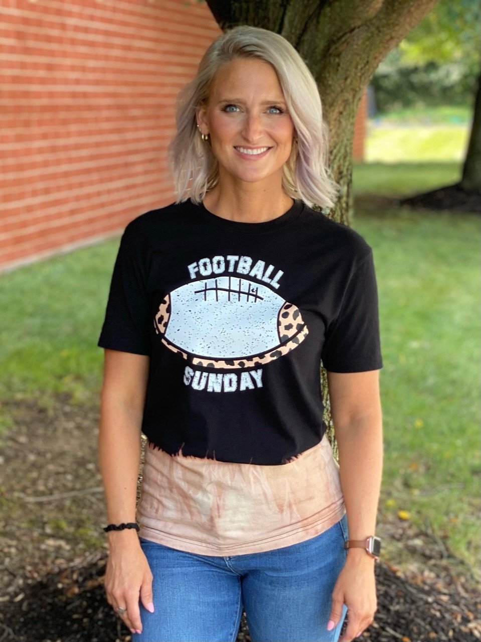 Women's Game Day Bleached Football Tee - Heart Graphic Vintage Short Sleeve T-Shirt For Football Season - View #10
