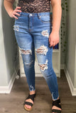 Dark Wash Distressed Leopard Skinny Jeans