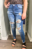 Dark Wash Distressed Leopard Skinny Jeans