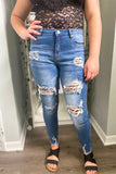 Dark Wash Distressed Leopard Skinny Jeans