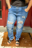 Dark Wash Distressed Leopard Skinny Jeans