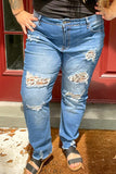 Dark Wash Distressed Leopard Skinny Jeans