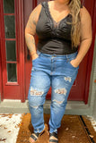 Dark Wash Distressed Leopard Skinny Jeans