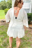 White Lace Crochet Ball Sleeve Mini Dress