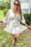 White Lace Crochet Ball Sleeve Mini Dress