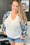 White Leopard Sleeve V Neck Waffle Top