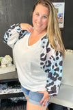 White Leopard Sleeve V Neck Waffle Top