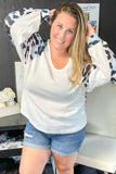 White Leopard Sleeve V Neck Waffle Top