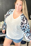 White Leopard Sleeve V Neck Waffle Top