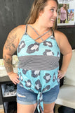 Teal Cow Striped Tie Criss-Cross Camisole Tank