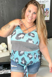 Teal Cow Striped Tie Criss-Cross Camisole Tank