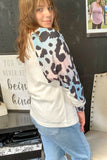 White Leopard Sleeve V Neck Waffle Top