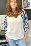 White Leopard Sleeve V Neck Waffle Top