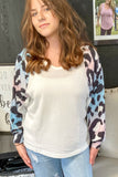 White Leopard Sleeve V Neck Waffle Top
