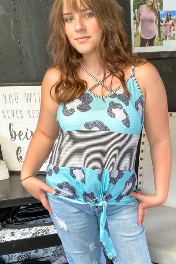 Teal Cow Striped Tie Criss-Cross Camisole Tank